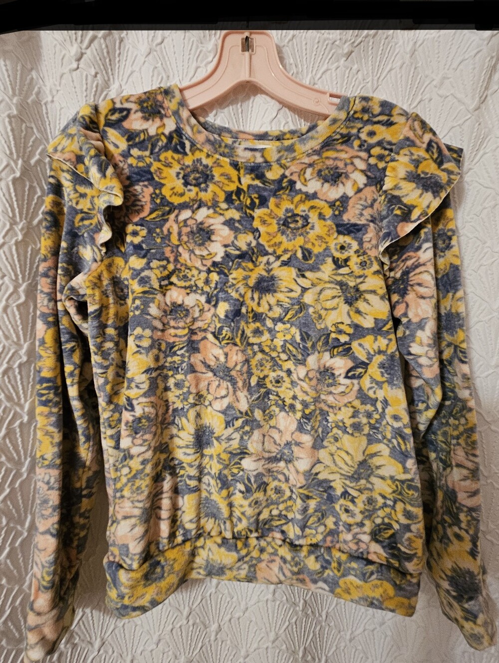 LC Lauren Conrad Yellow and Gray Floral Ruffle Sweatshirt